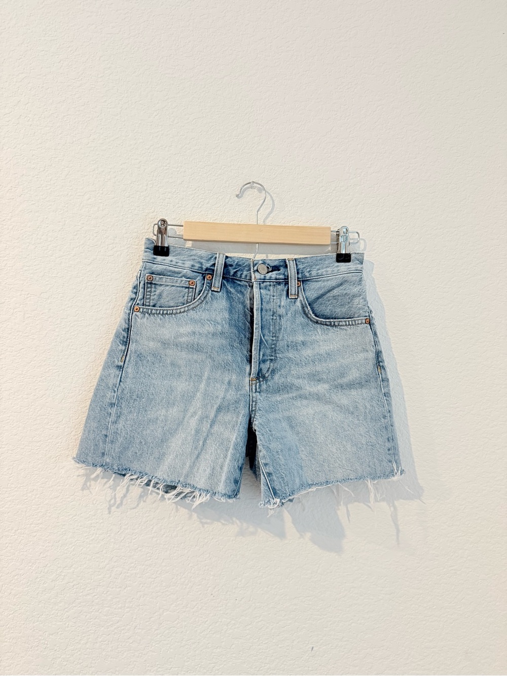 Denim Forum- The Yoko Hi-Rise Mid Thigh Denim Shorts- 25